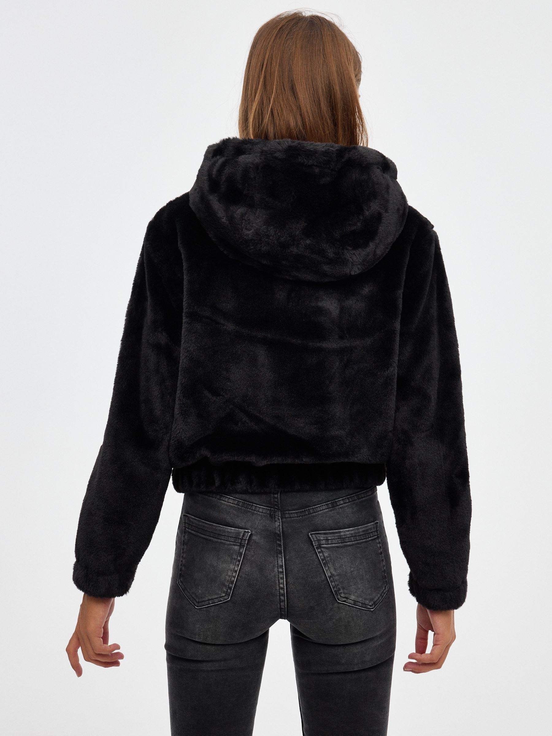 Pink fur effect jacket black middle front view