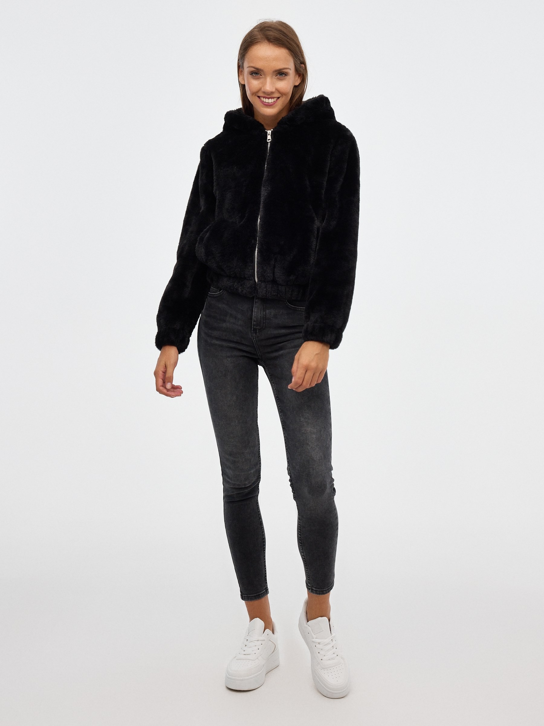 Pink fur effect jacket black middle front view