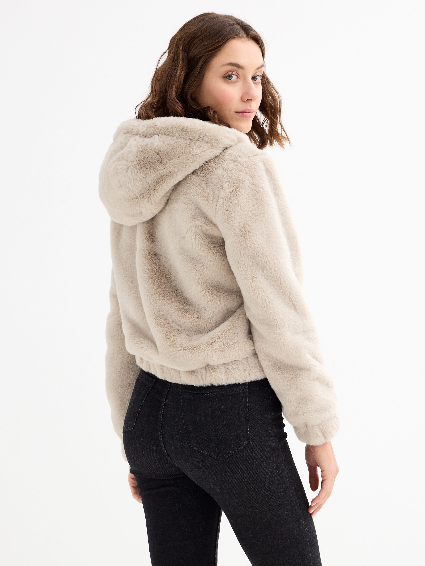 Pink fur effect jacket taupe middle front view