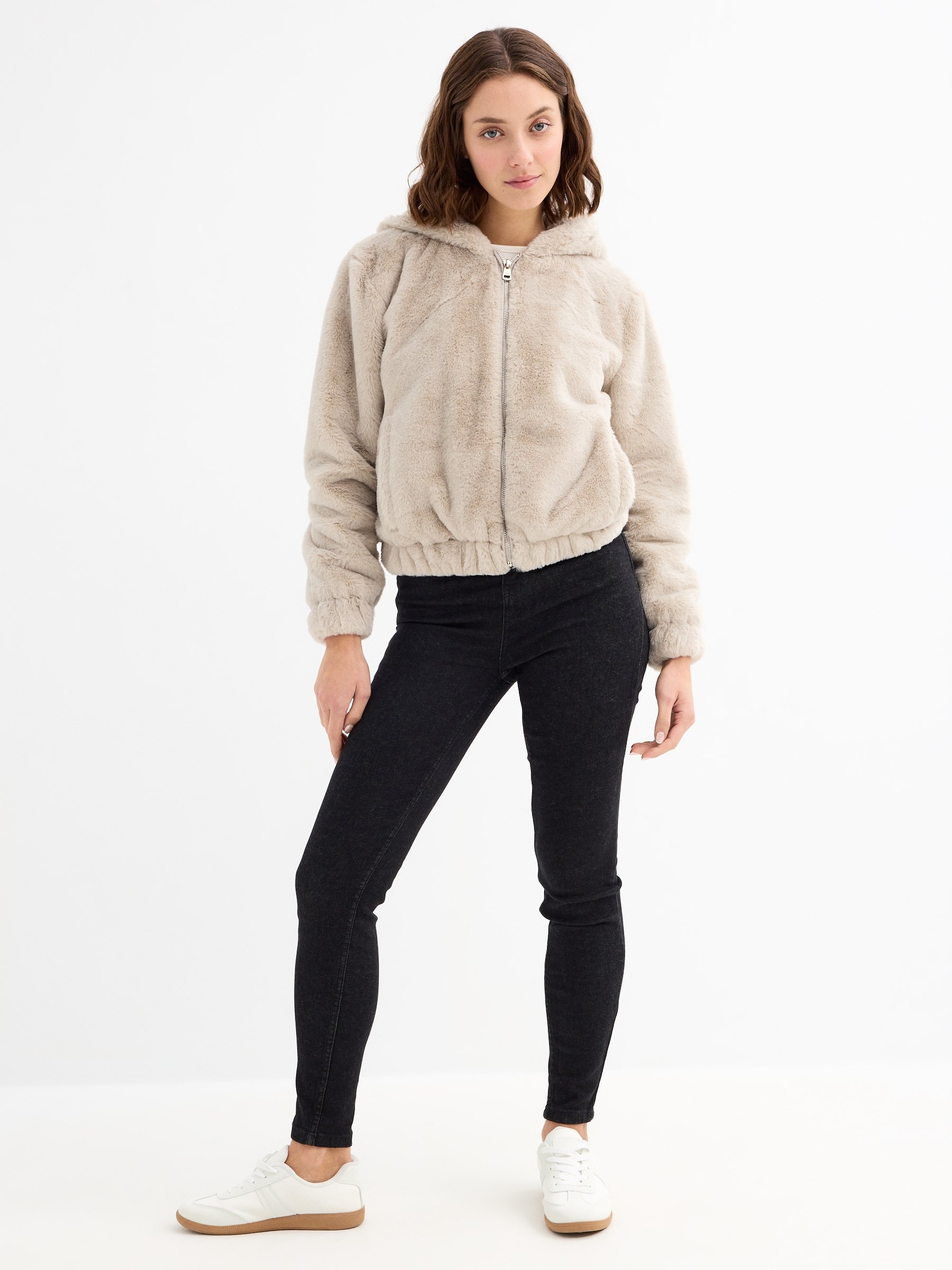 Pink fur effect jacket taupe middle front view
