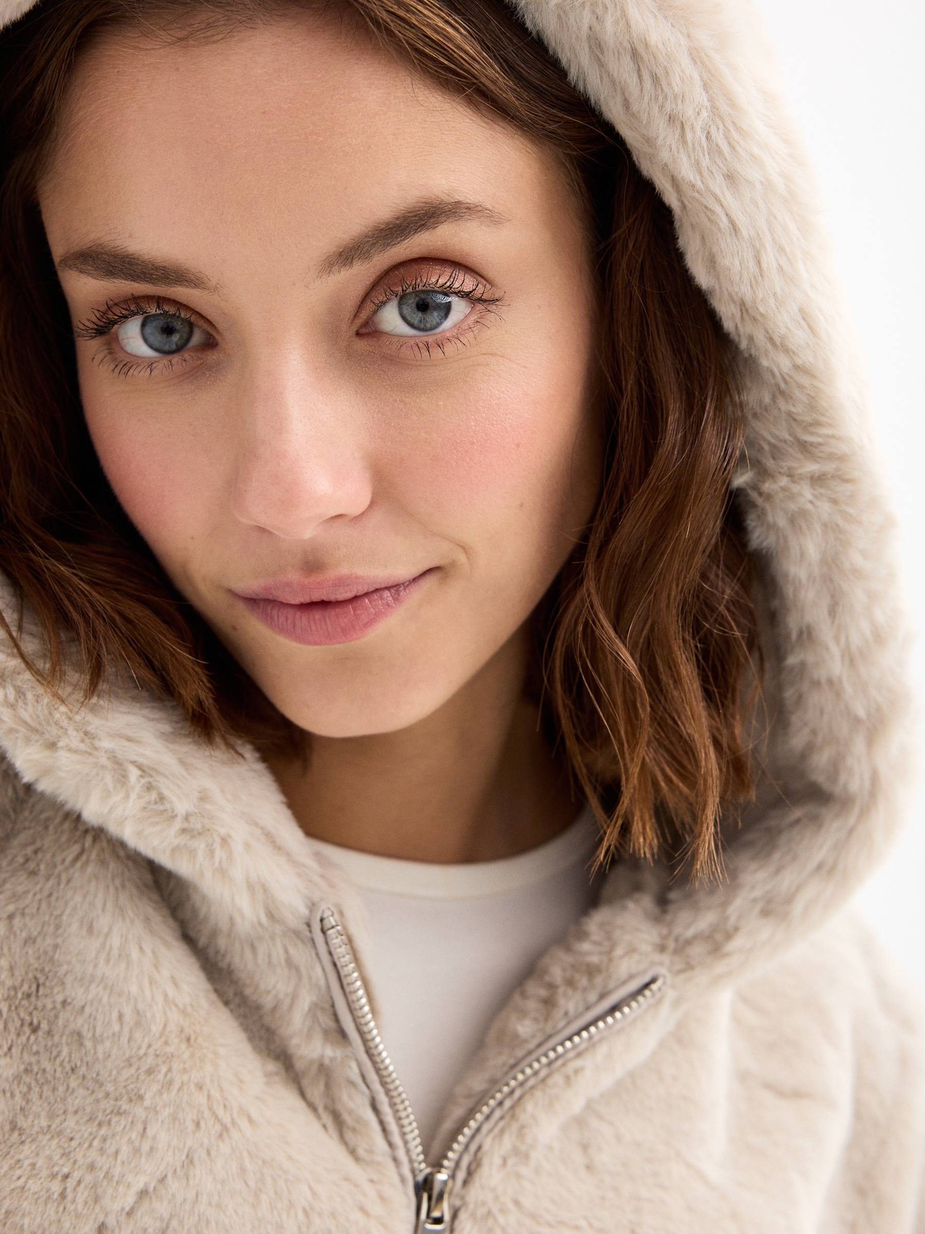 Pink fur effect jacket taupe middle front view