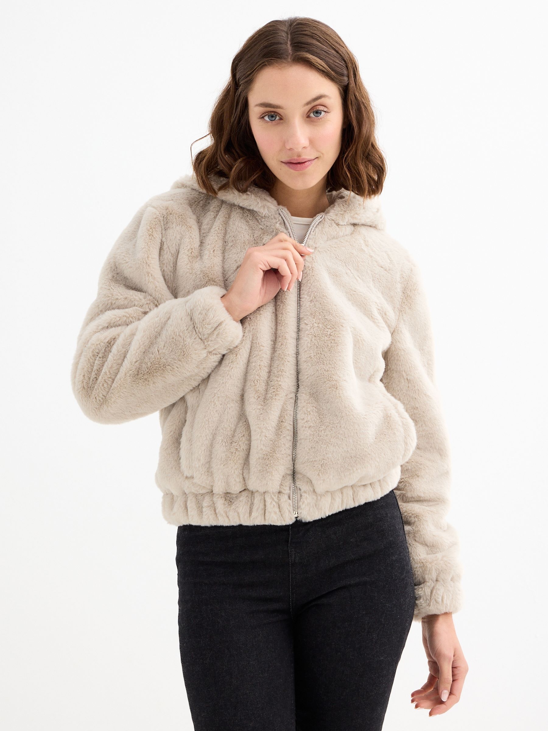 Pink fur effect jacket taupe middle front view