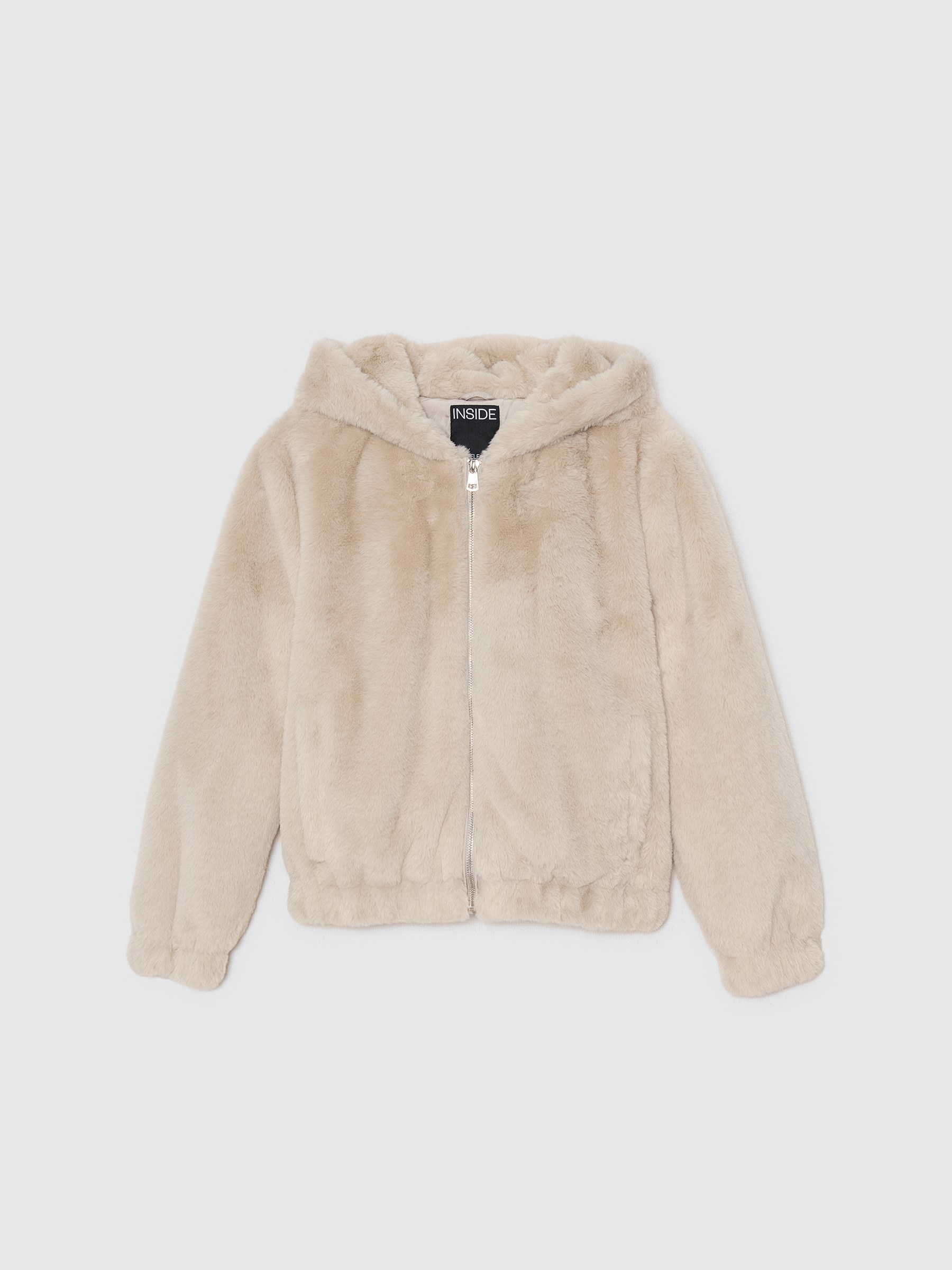 Pink fur effect jacket taupe middle front view