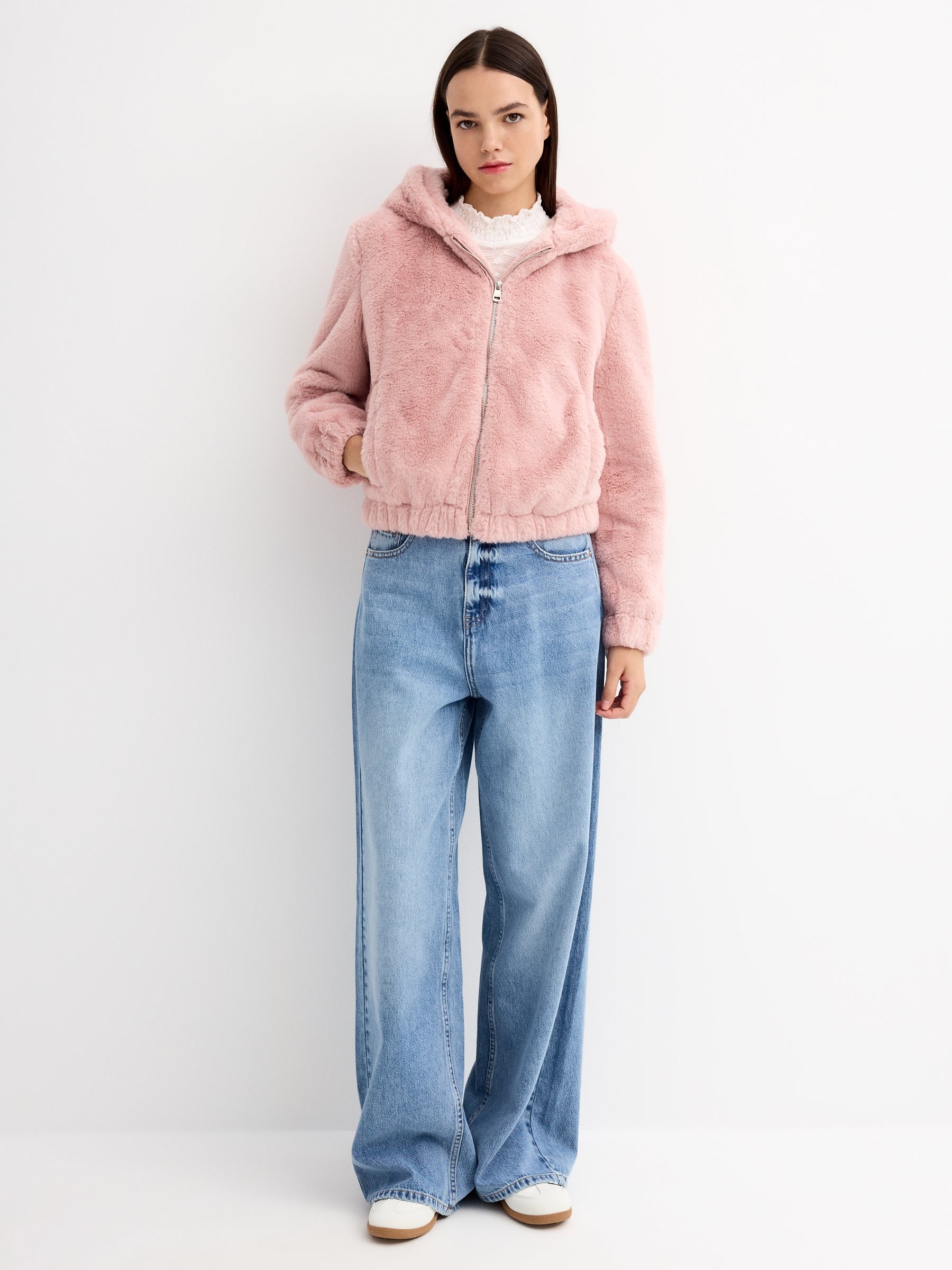 Pink fur effect jacket pink middle front view