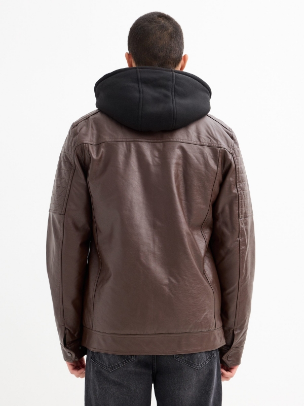 Hooded fur effect jacket with sheepskin hood brown middle back view