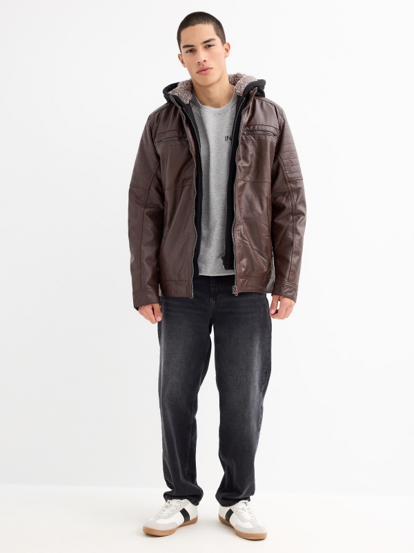 Hooded fur effect jacket with sheepskin hood brown general front view