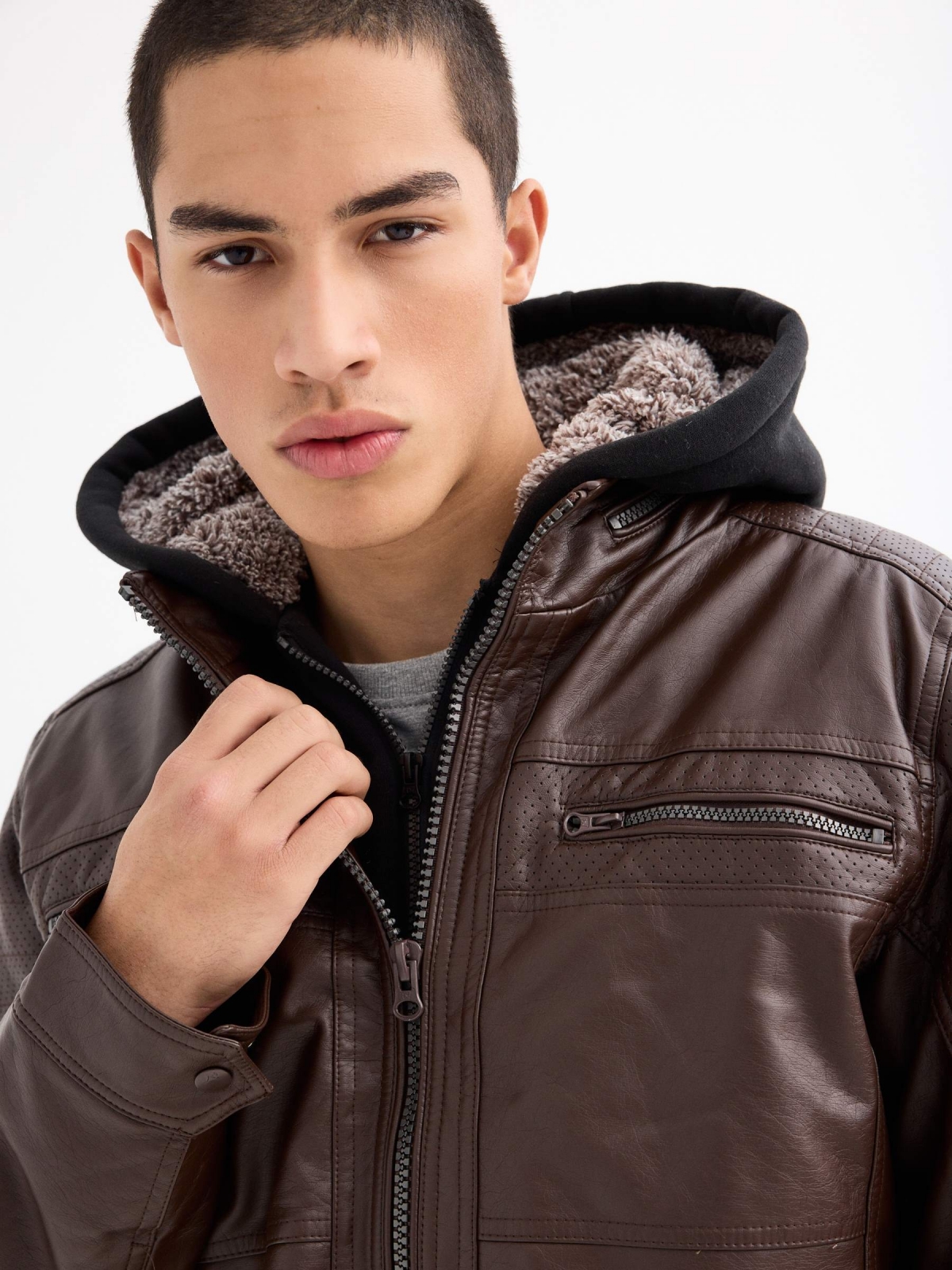 Hooded fur effect jacket with sheepskin hood brown detail view