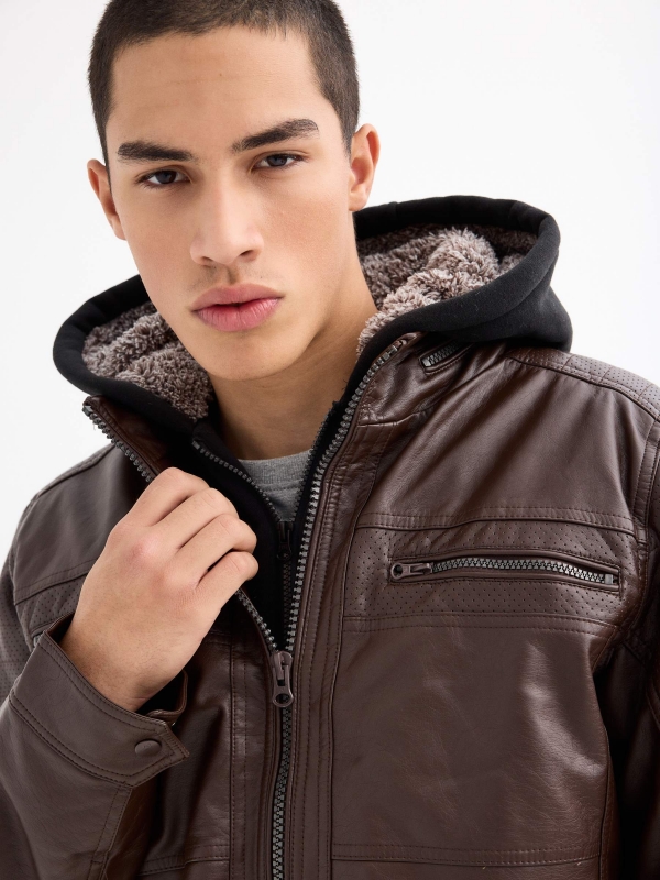 Hooded fur effect jacket with sheepskin hood brown detail view