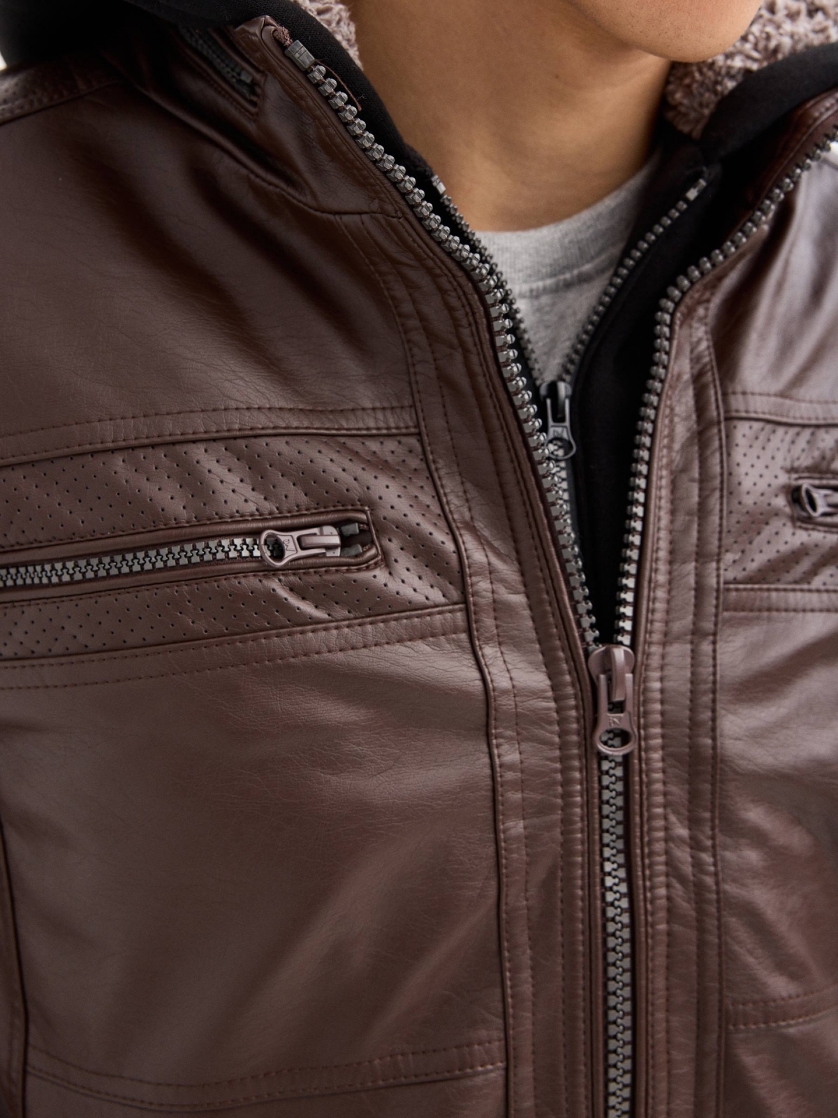 Hooded fur effect jacket with sheepskin hood brown detail view