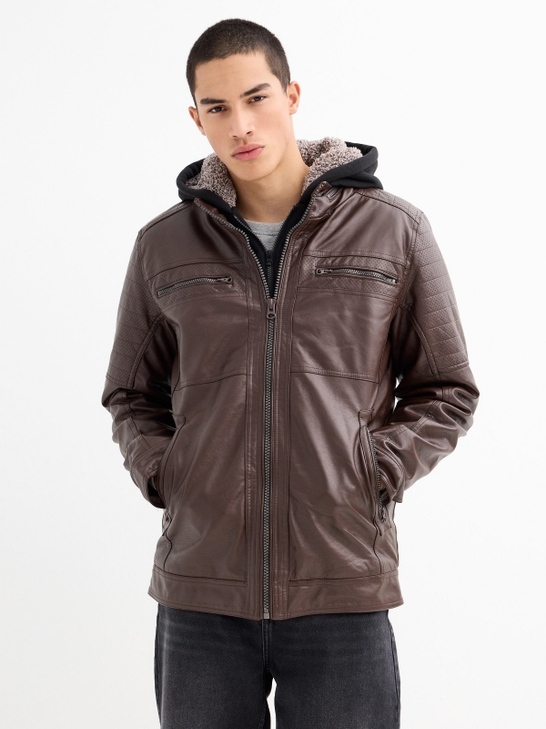 Hooded fur effect jacket with sheepskin hood brown detail view