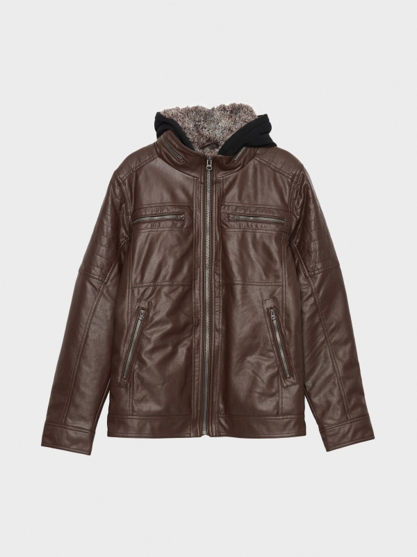  Hooded fur effect jacket with sheepskin hood brown front view
