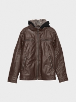 %Pto% Hooded fur effect jacket with sheepskin hood brown front view