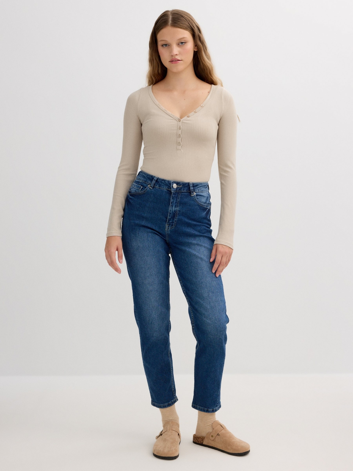 Ribbed button long sleeve shirt raw front view