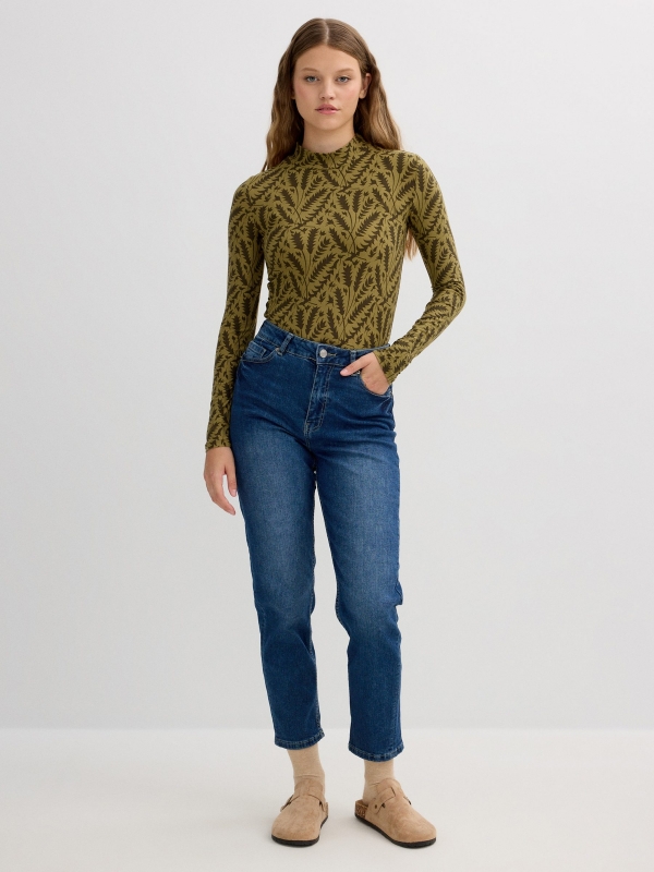 Long sleeve t-shirt with perkins collar and leaf print olive green front view