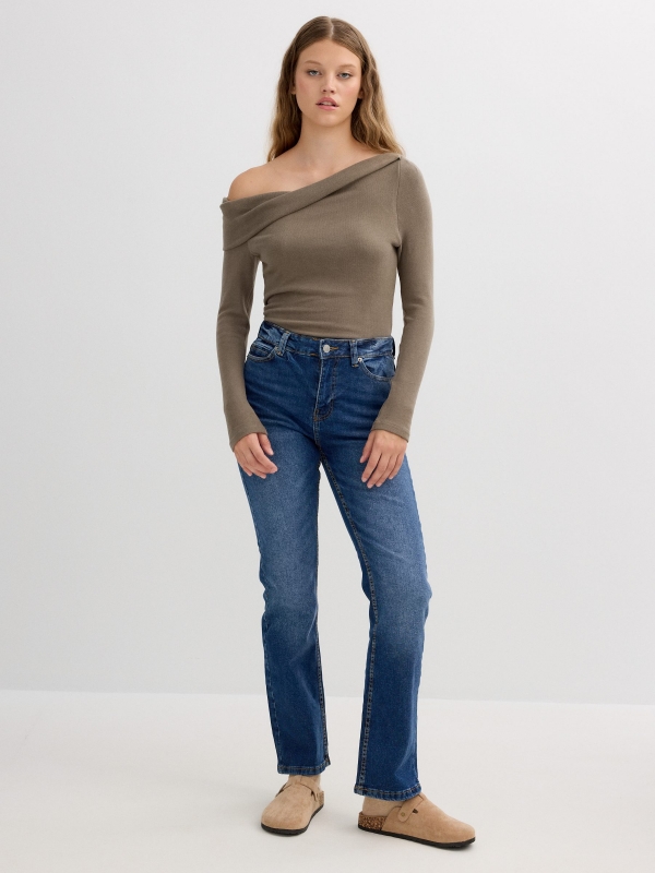 Long sleeve shirt with asymmetrical neckline taupe front view