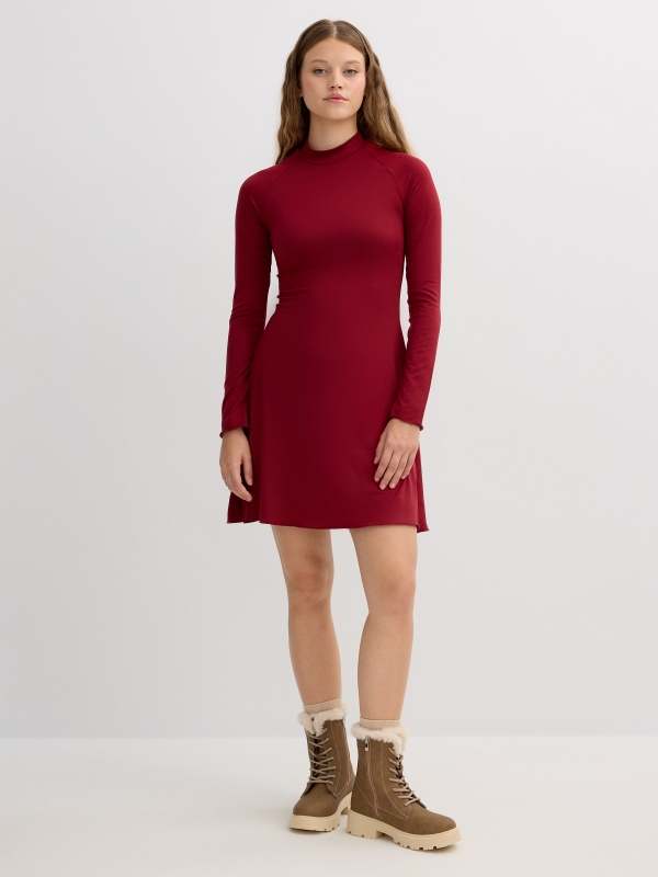 Mini dress with a mock neck garnet front view