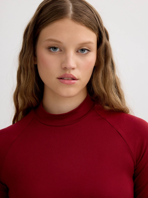 Mini dress with a mock neck garnet detail view