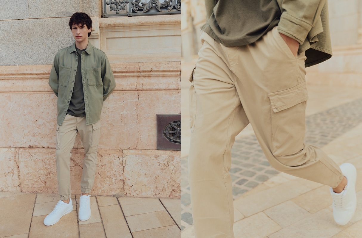 Pantalón jogger cargo marfil vista general frontal