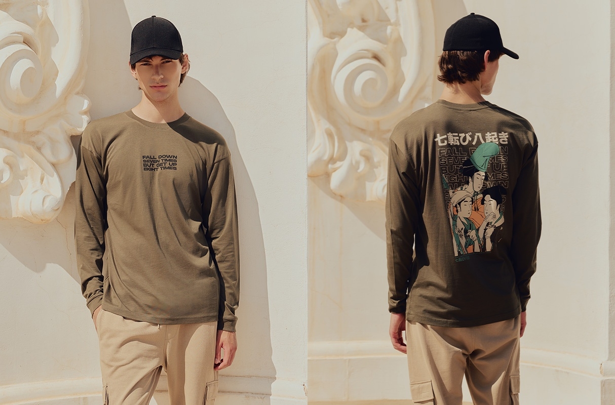 Long-sleeve shirt with oriental print khaki middle front view