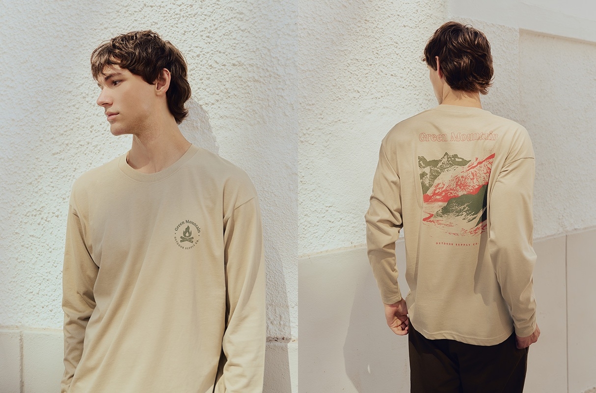 Camiseta de manga longa estampa natureza crua vista meia frontal