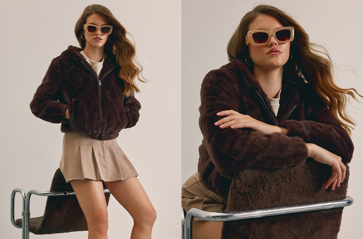 Fur effect jacket chocolate middle front view