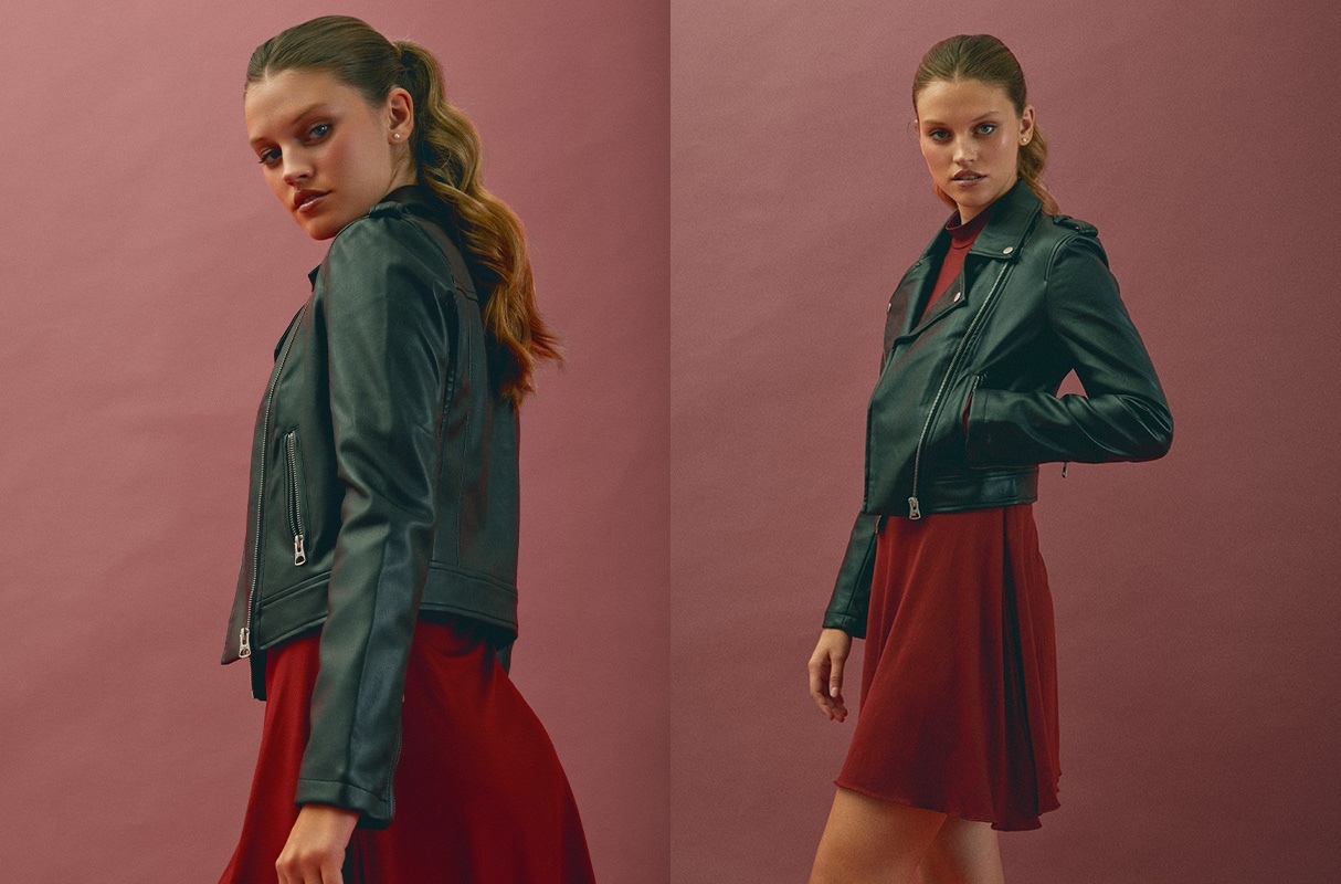 Biker jacket with lapel black middle front view