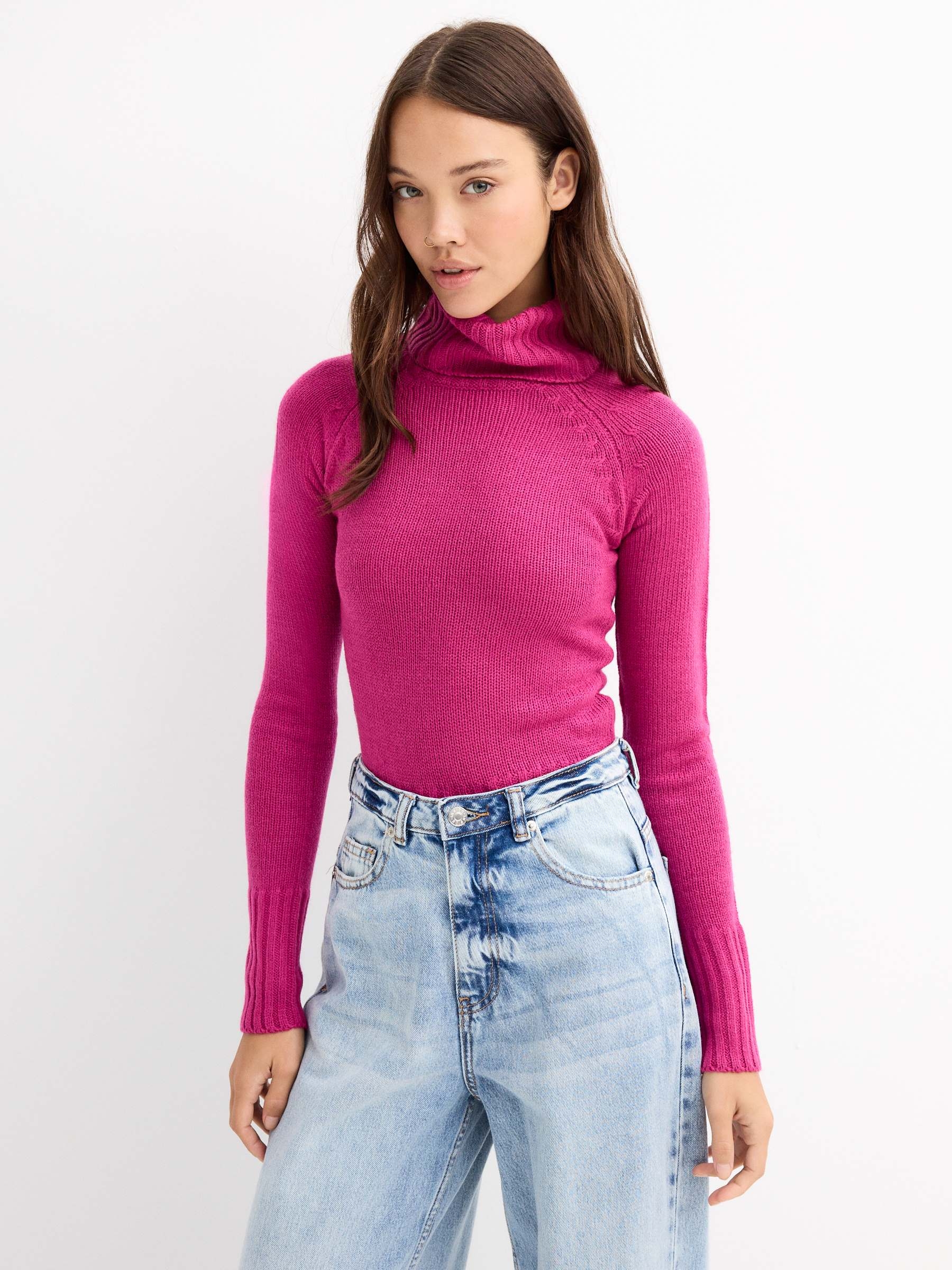 Basic turtleneck sweater fuchsia middle front view