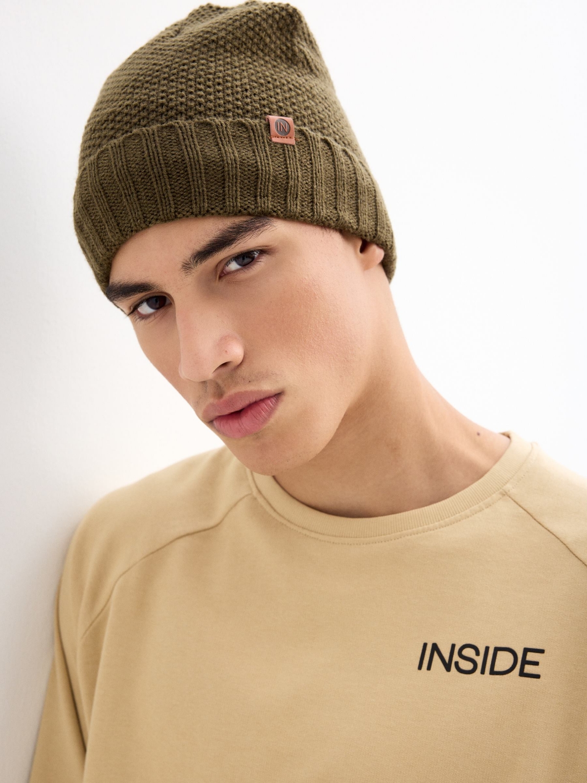 Polar fleece knit hat khaki detail view