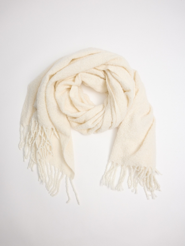 White fringed scarf beige rolled view