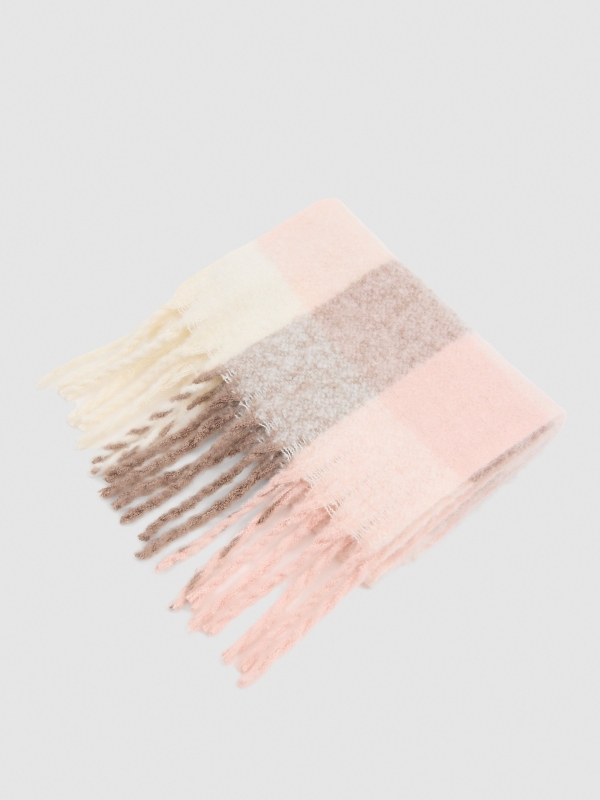 Bufanda cuadros beige y rosa multicolor vista enrollado
