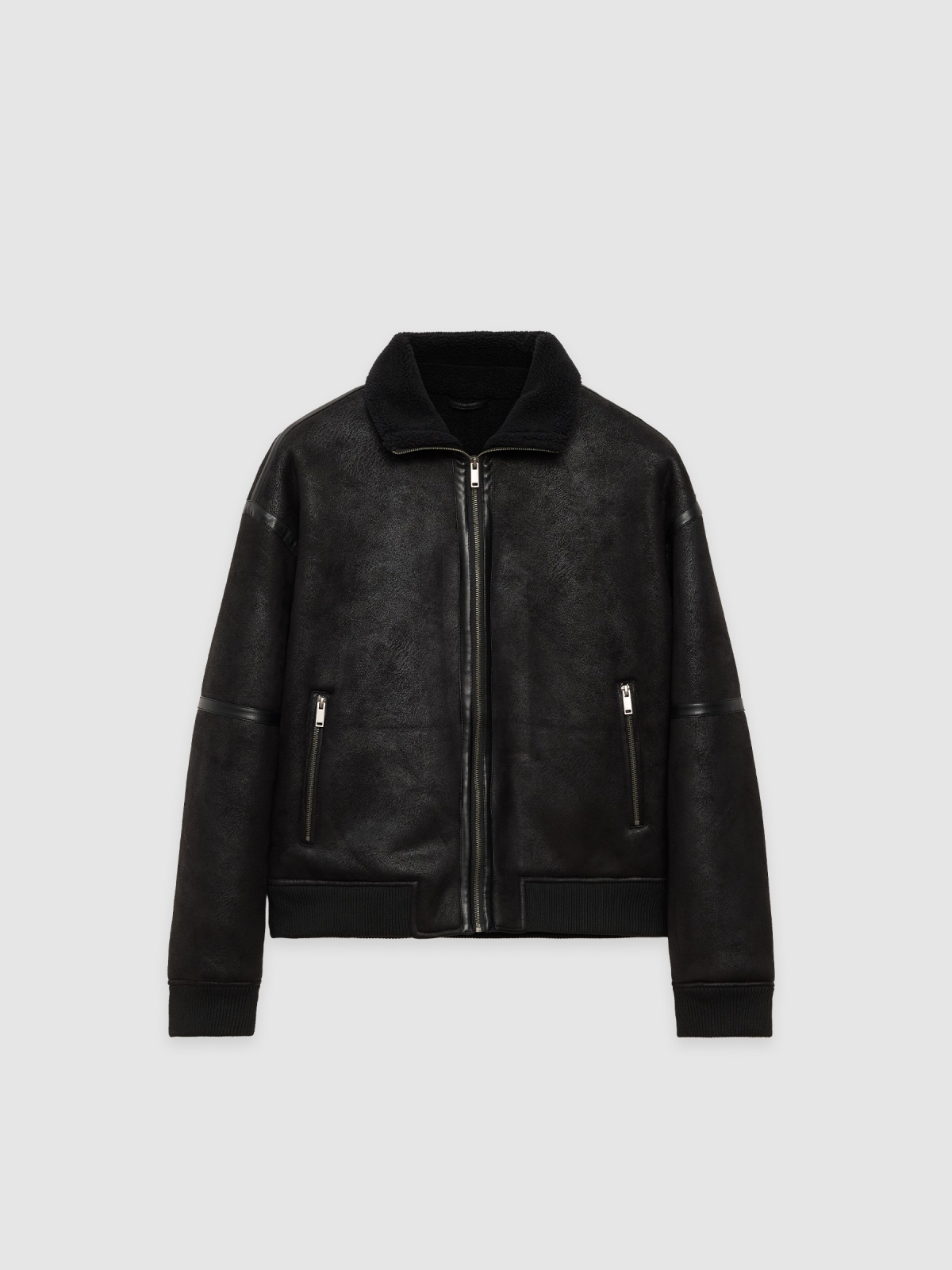  Faux leather jacket combined with shearling black front view
