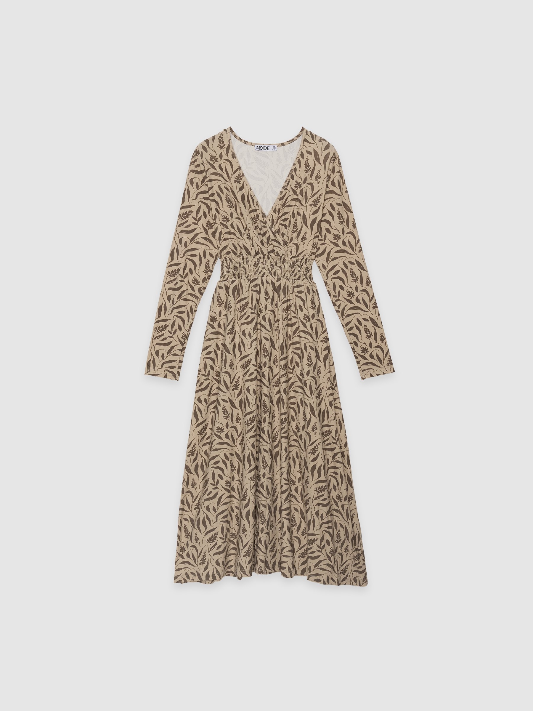 Vestido midi estampado hojas crudo vista media frontal