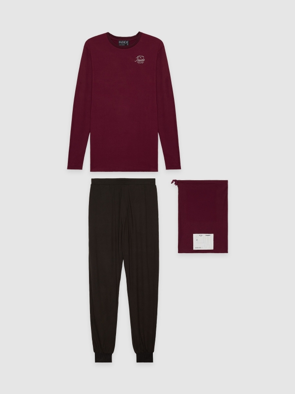 Plain printed pajamas burgundy front view upper part
