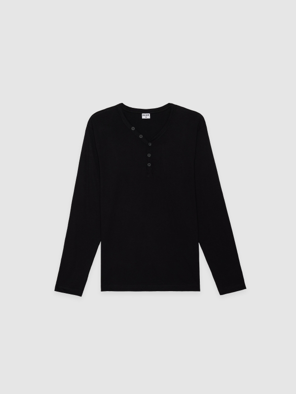   Camiseta de manga longa lisa com gola de botões preto vista frontal