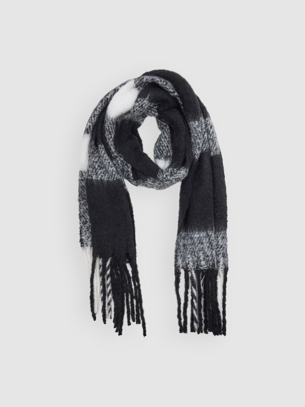 Cachecol xadrez franjas branco e preto preto vista detalhe