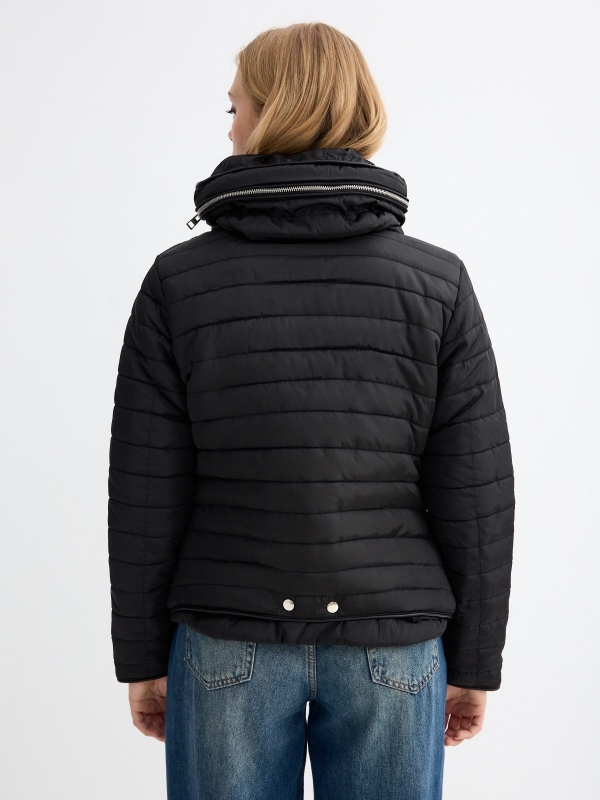 Quilted coat with hood black middle back view