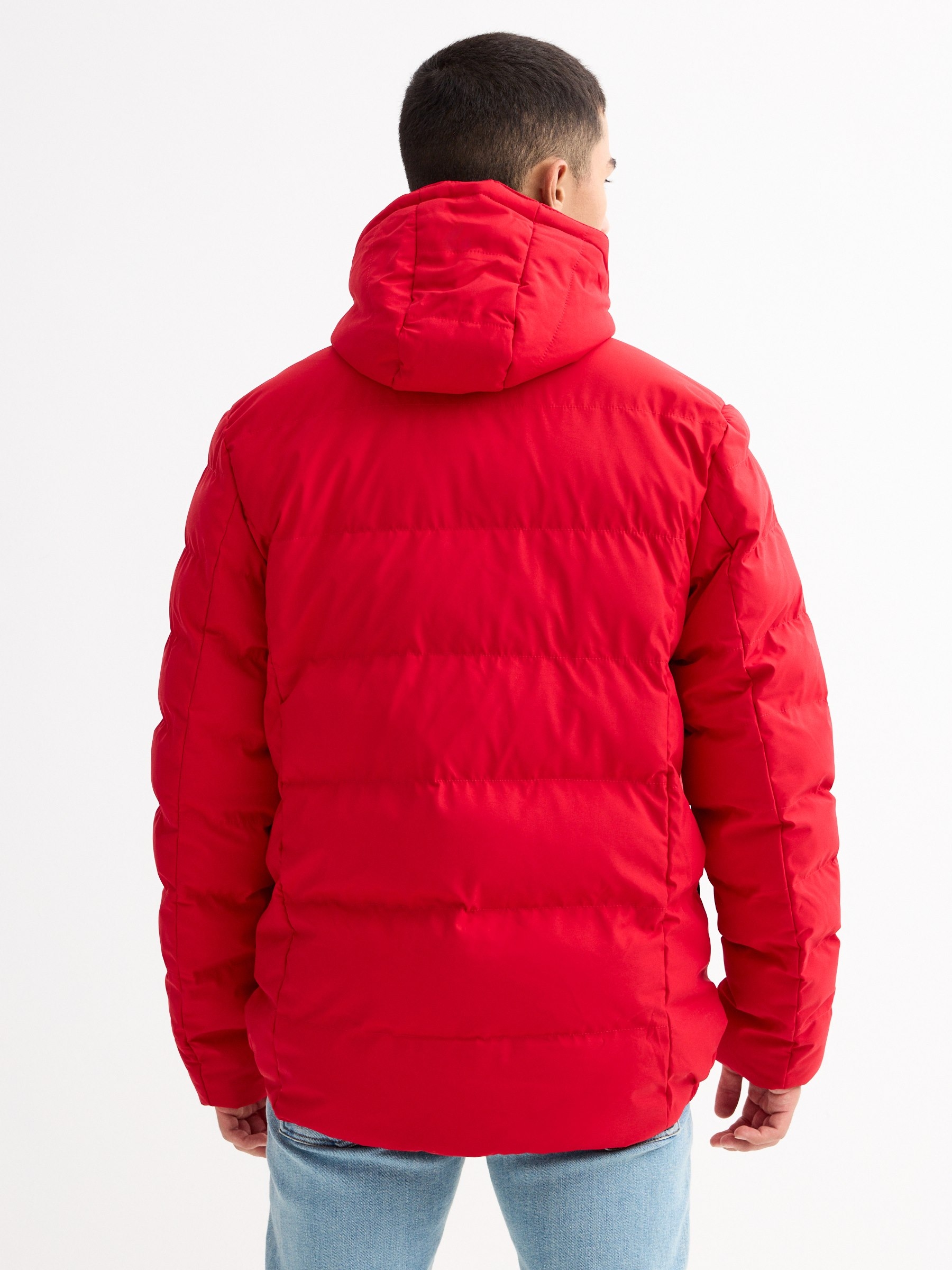 Black padded jacket red middle front view