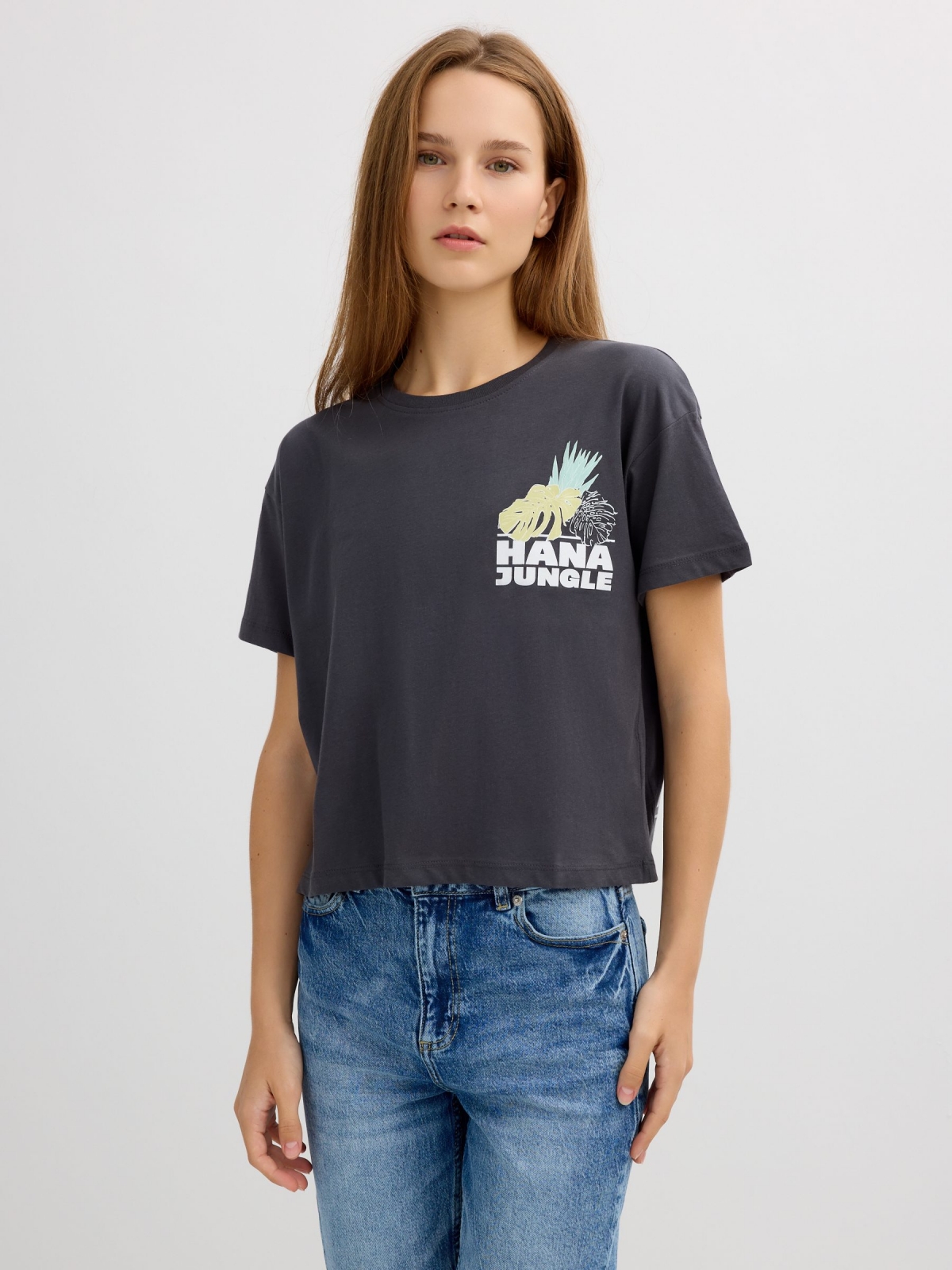 Jungle print t-shirt dark grey middle front view