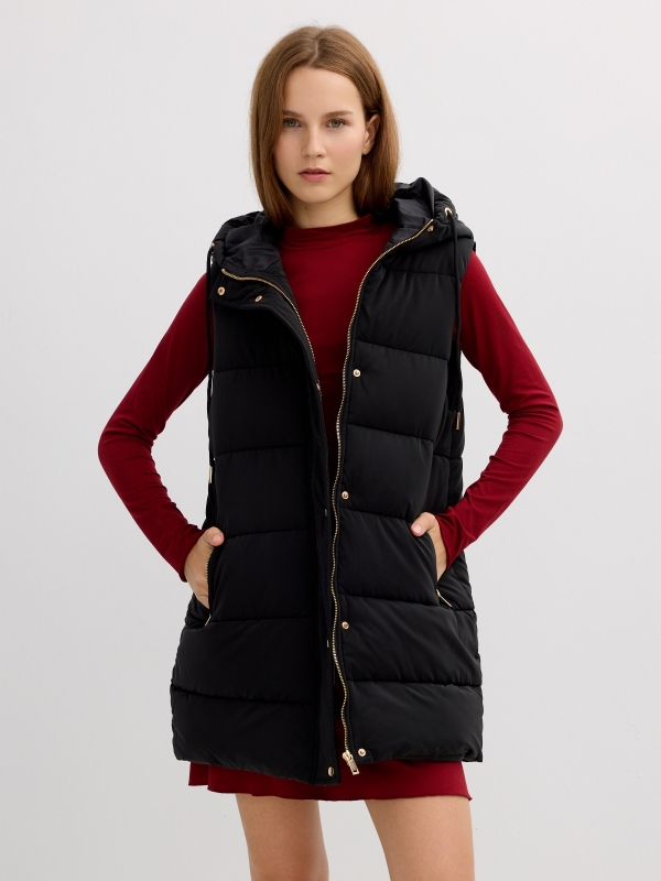 Long padded vest with hood black middle front view