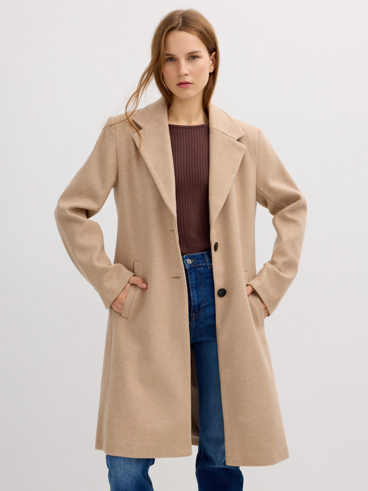 Beige cloth coat sand middle front view