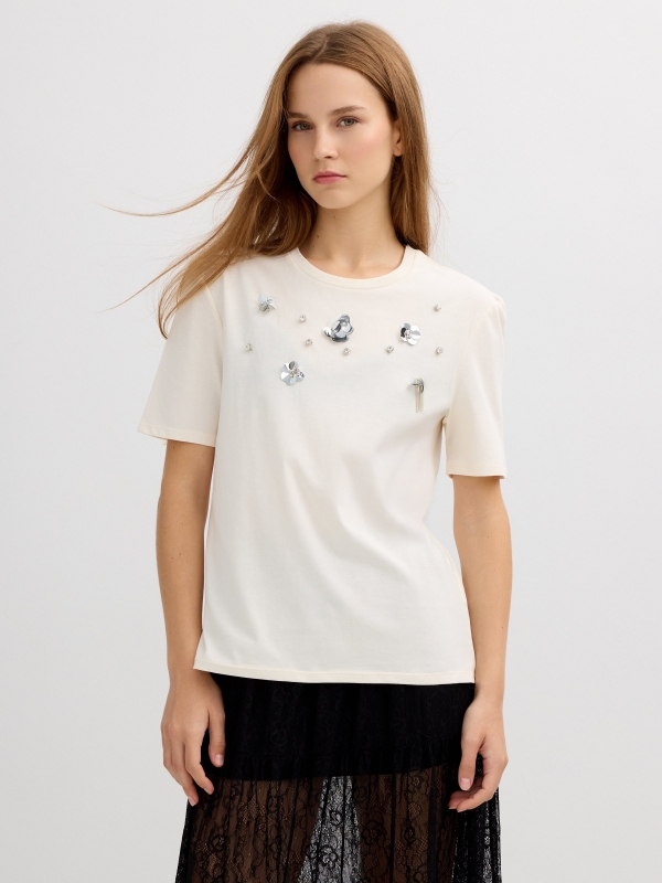 Floral beaded t-shirt raw middle front view