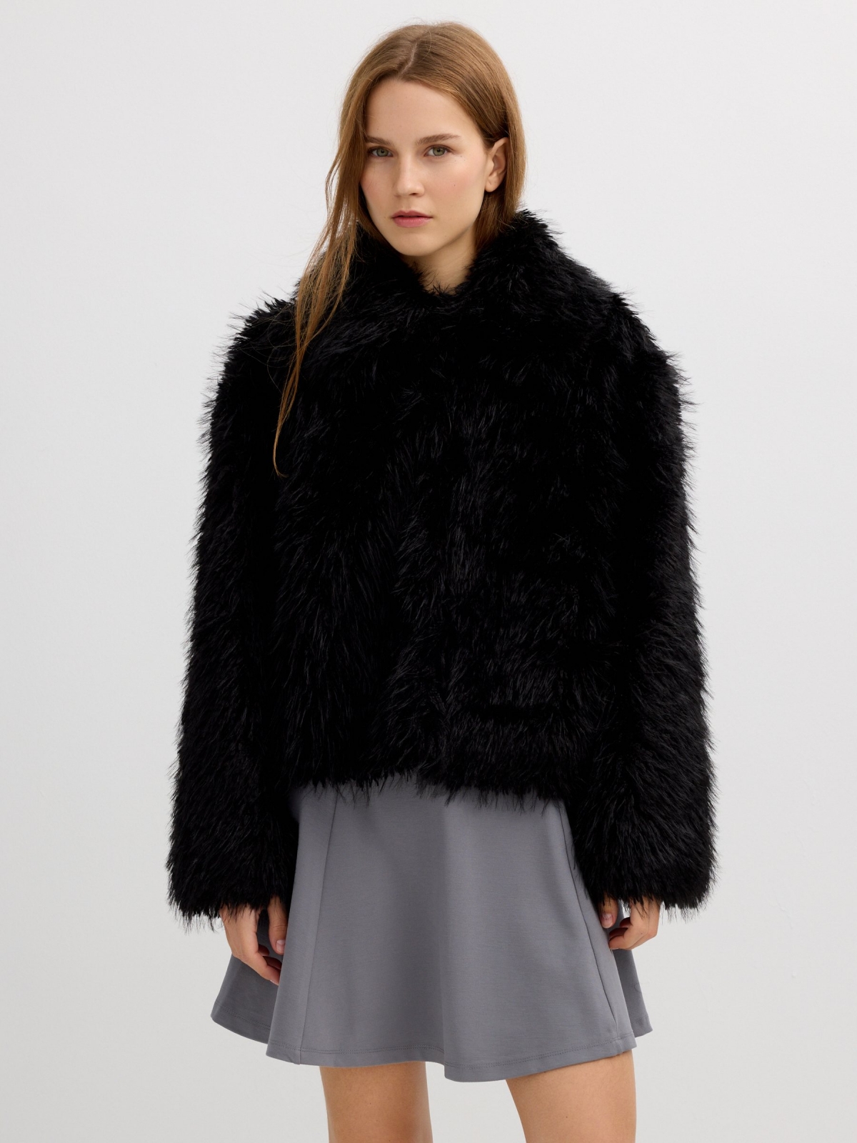 Faux fur effect jacket with lapel collar black middle front view