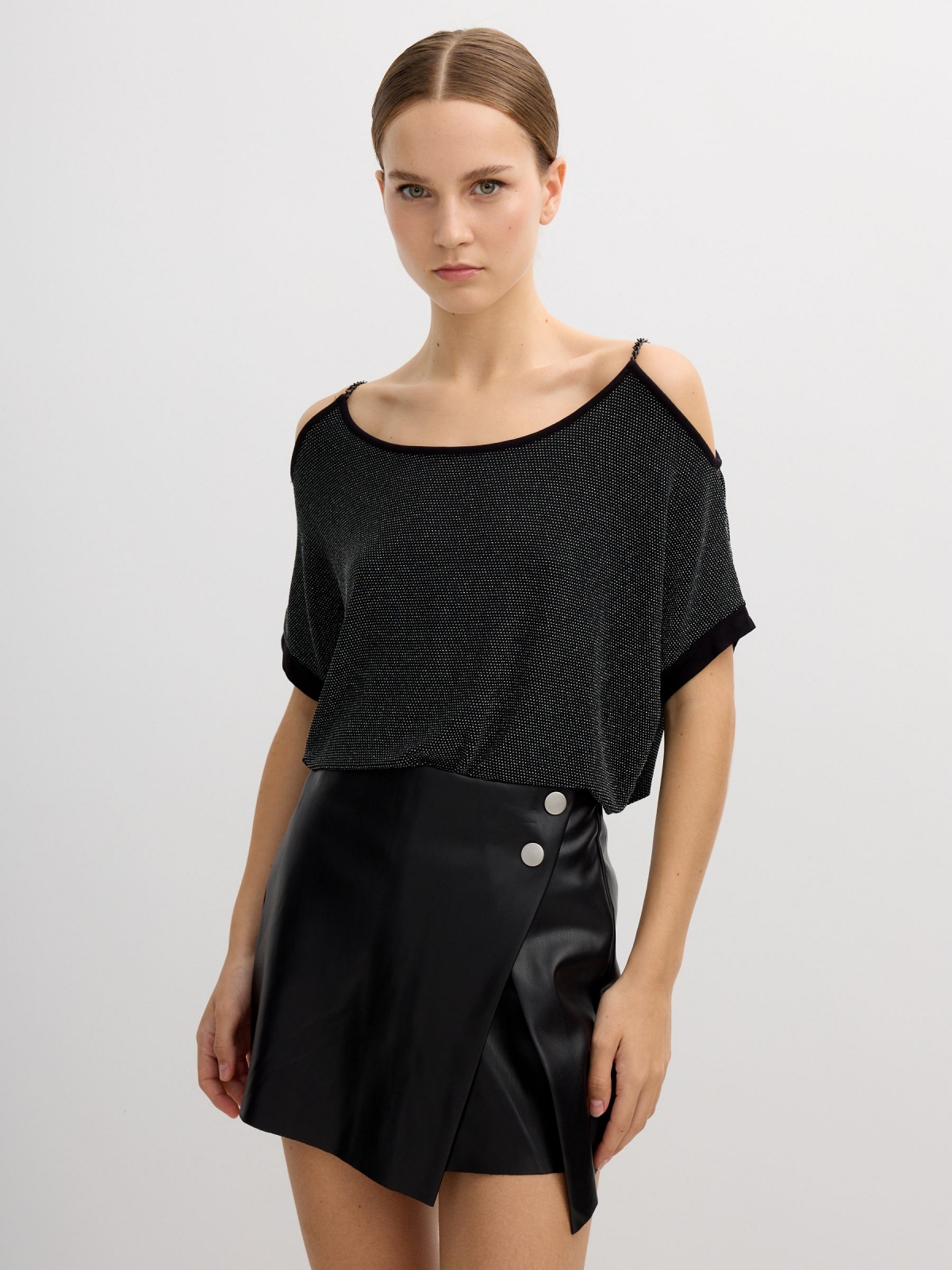 Camisola tecido lurex preto vista meia frontal