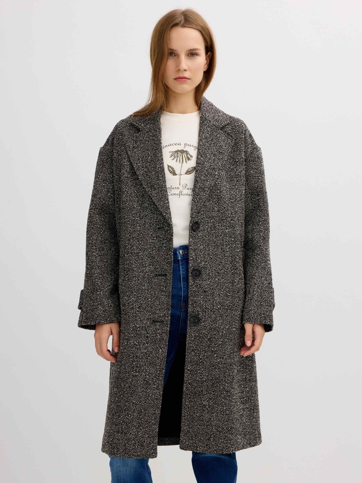Herringbone coat greyish green middle front view
