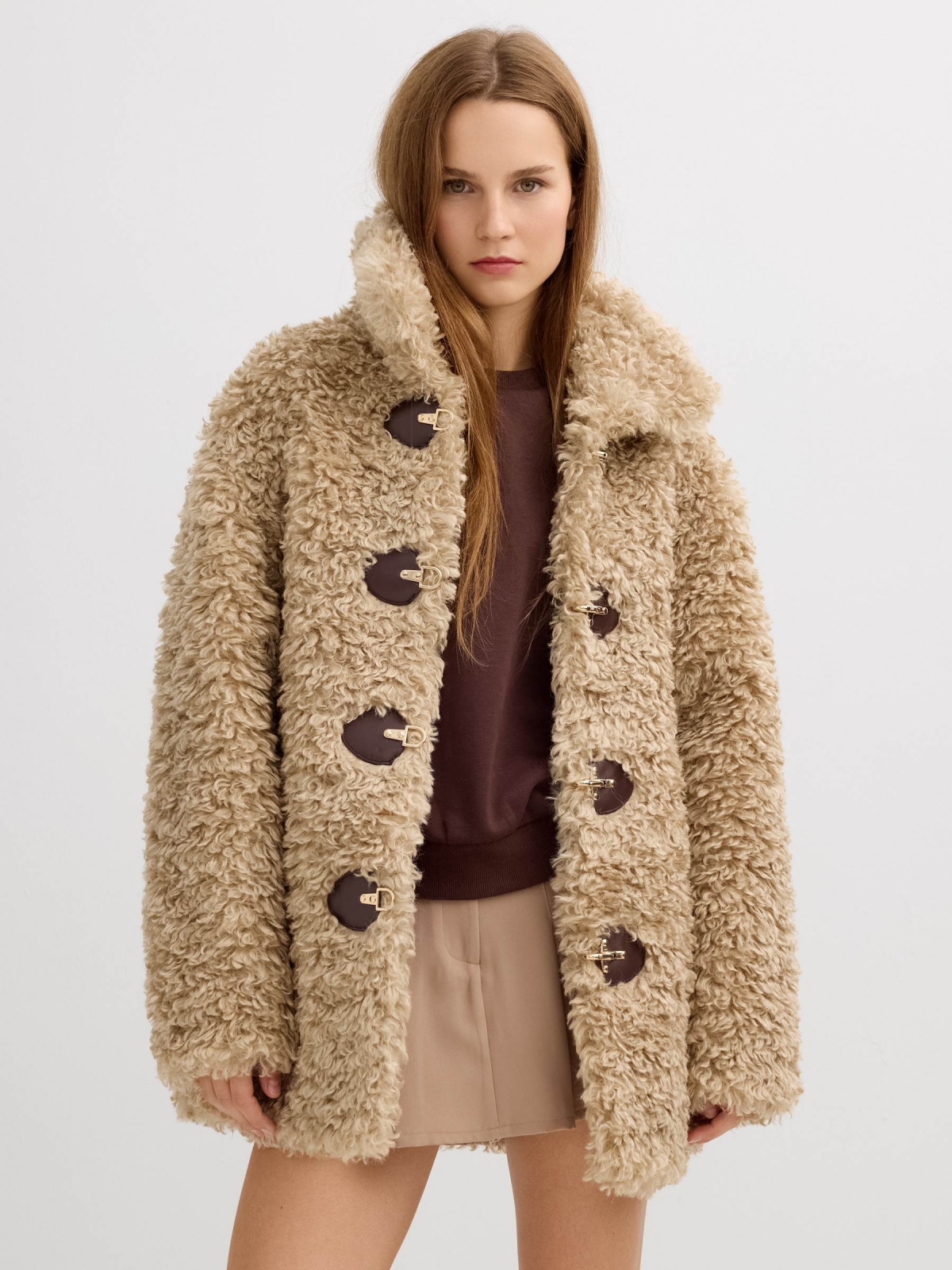Faux fur jacket light brown middle front view