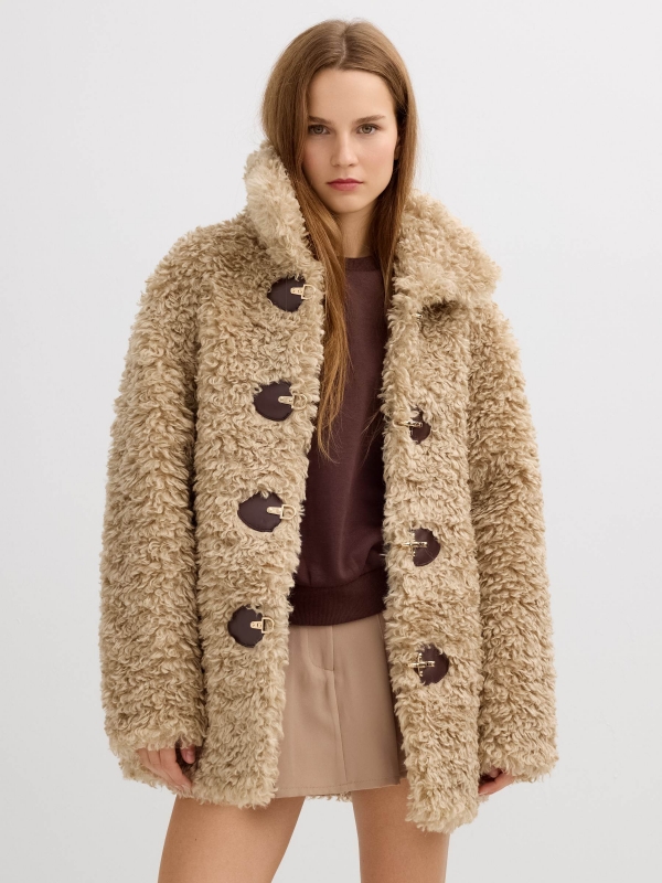 Faux fur jacket light brown middle front view