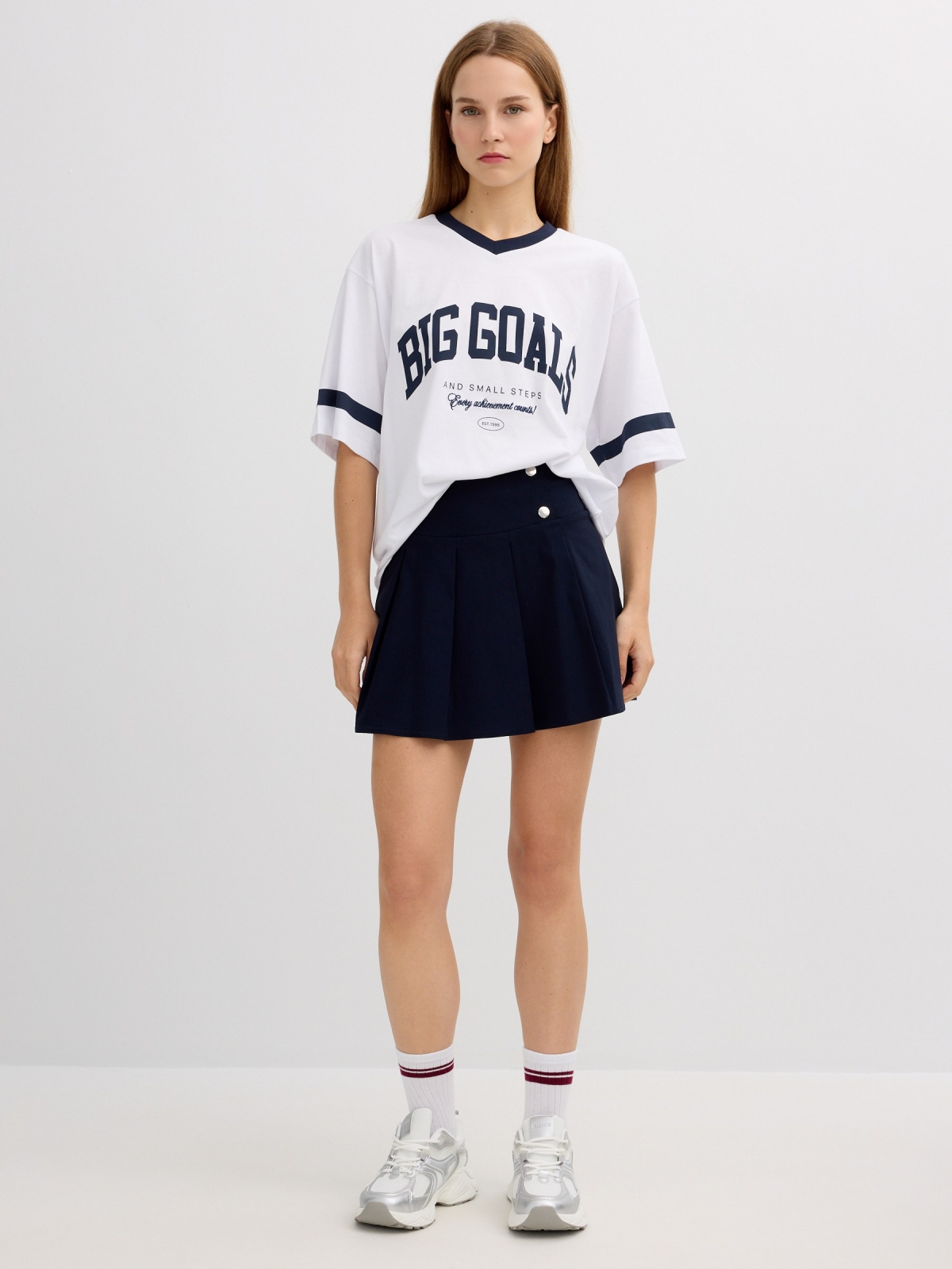 Pleated mini skirt navy middle front view