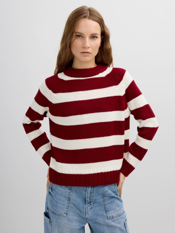 Burgundy striped knit jersey garnet middle front view