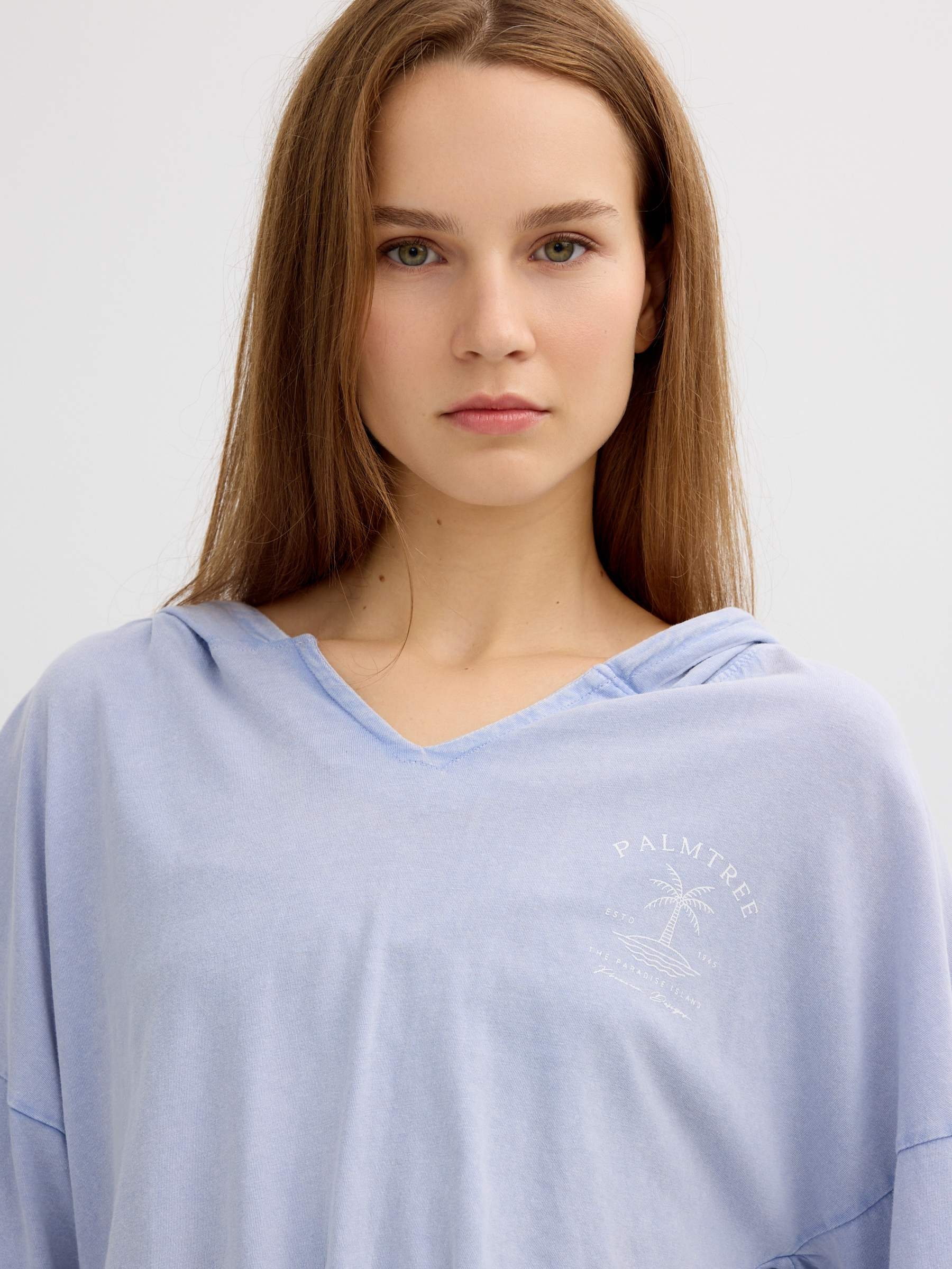 Camiseta com capuz palmeira azul vista meia frontal