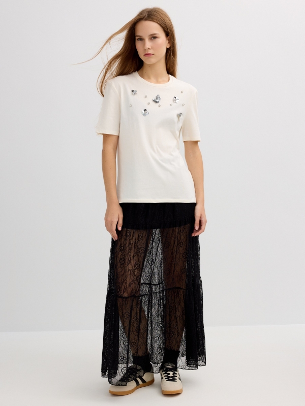 Floral beaded t-shirt raw front view